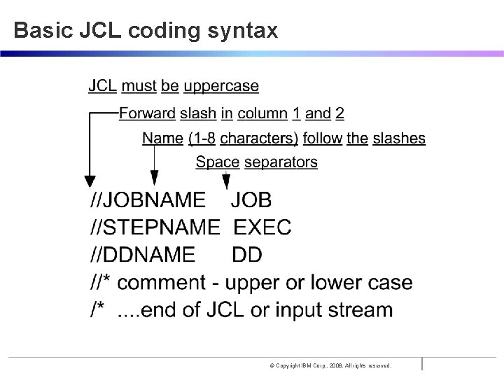 Basic JCL coding syntax © Copyright IBM Corp. , 2008. All rights reserved. 