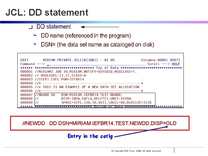 JCL: DD statement //NEWDD DD DSN=MIRIAM. IEFBR 14. TEST. NEWDD, DISP=OLD Entry in the
