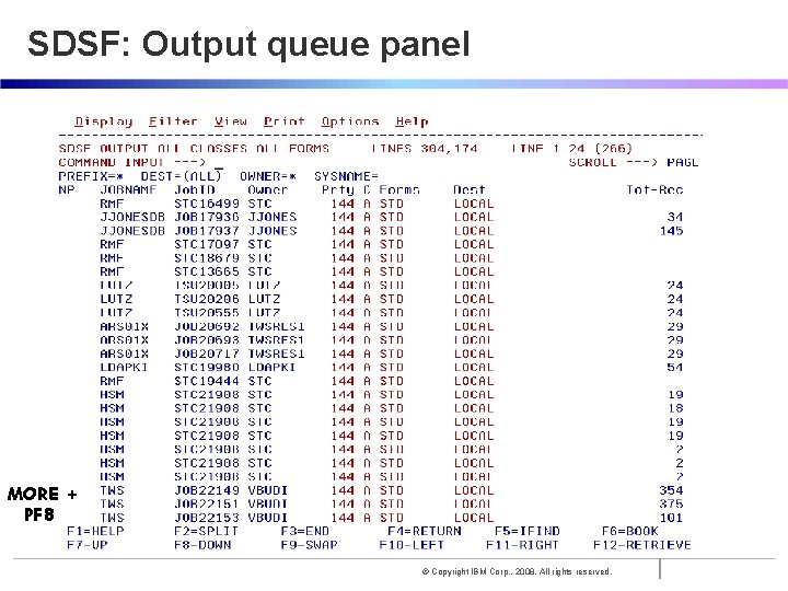 SDSF: Output queue panel MORE + PF 8 © Copyright IBM Corp. , 2008.