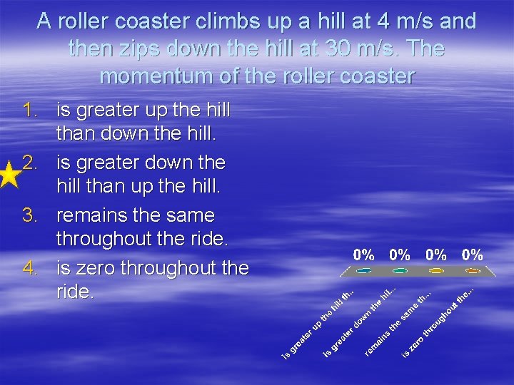 A roller coaster climbs up a hill at 4 m/s and then zips down