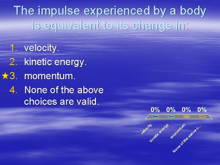 The impulse experienced by a body is equivalent to its change in: 1. 2.