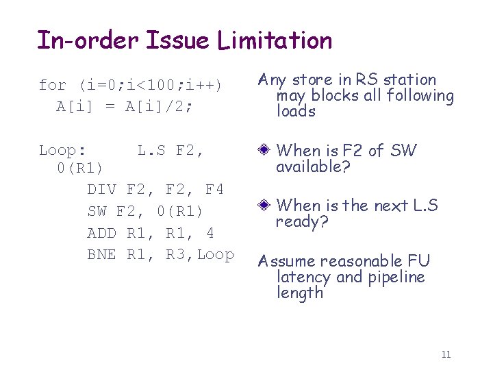 In-order Issue Limitation for (i=0; i<100; i++) A[i] = A[i]/2; Loop: L. S F