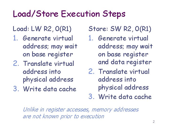 Load/Store Execution Steps Load: LW R 2, 0(R 1) 1. Generate virtual address; may