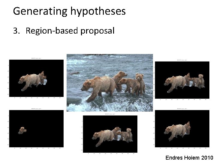 Generating hypotheses 3. Region-based proposal Endres Hoiem 2010 