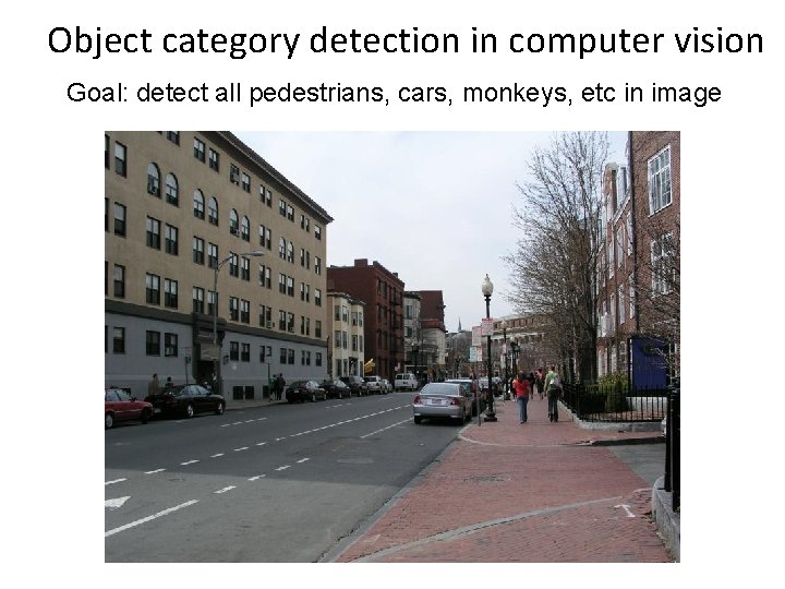 Object category detection in computer vision Goal: detect all pedestrians, cars, monkeys, etc in