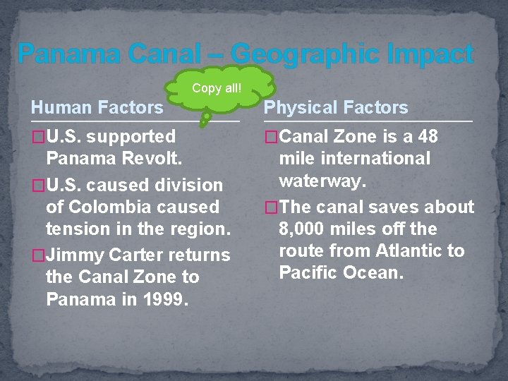 Panama Canal – Geographic Impact Copy all! Human Factors Physical Factors �U. S. supported