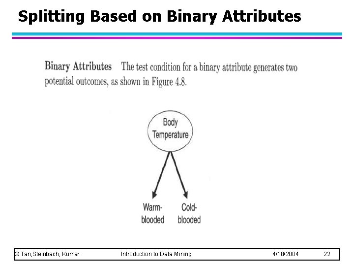 Splitting Based on Binary Attributes © Tan, Steinbach, Kumar Introduction to Data Mining 4/18/2004