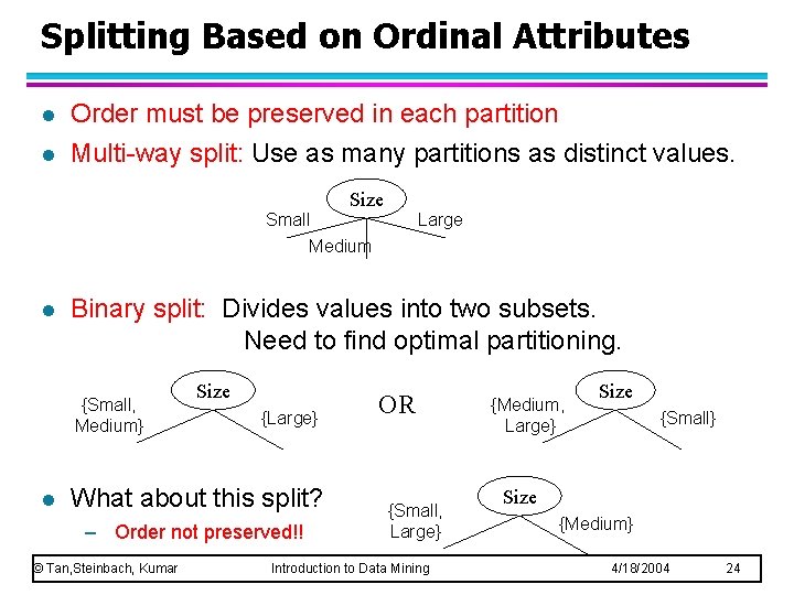 Splitting Based on Ordinal Attributes l l Order must be preserved in each partition