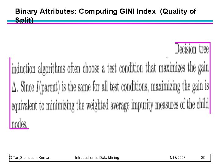 Binary Attributes: Computing GINI Index (Quality of Split) © Tan, Steinbach, Kumar Introduction to