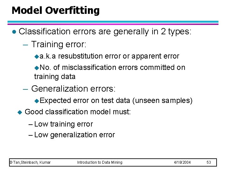 Model Overfitting l Classification errors are generally in 2 types: – Training error: ua.