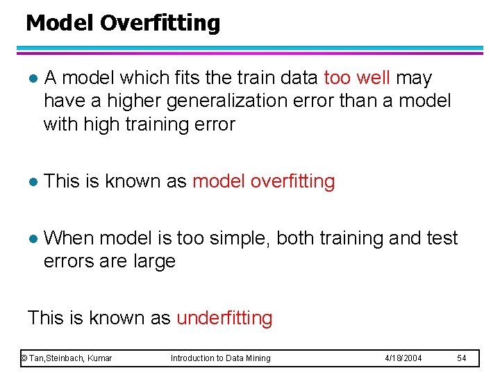 Model Overfitting l A model which fits the train data too well may have