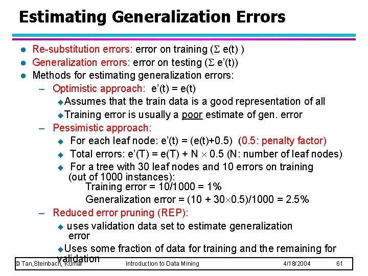 Estimating Generalization Errors Re-substitution errors: error on training ( e(t) ) l Generalization errors: