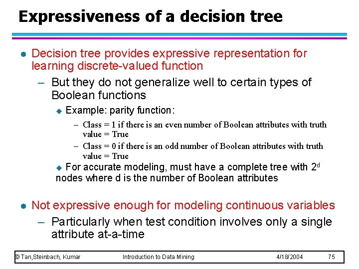 Expressiveness of a decision tree l Decision tree provides expressive representation for learning discrete-valued