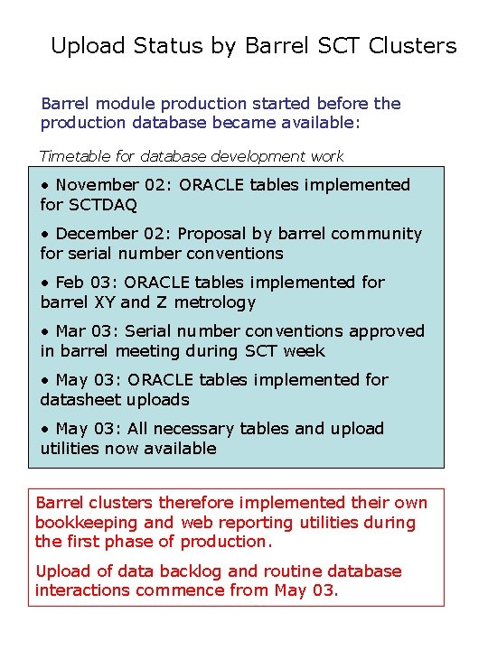 Upload Status by Barrel SCT Clusters Barrel module production started before the production database