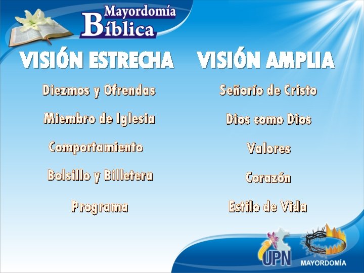 VISIÓN ESTRECHA VISIÓN AMPLIA Diezmos y Ofrendas Señorío de Cristo Miembro de Iglesia Dios