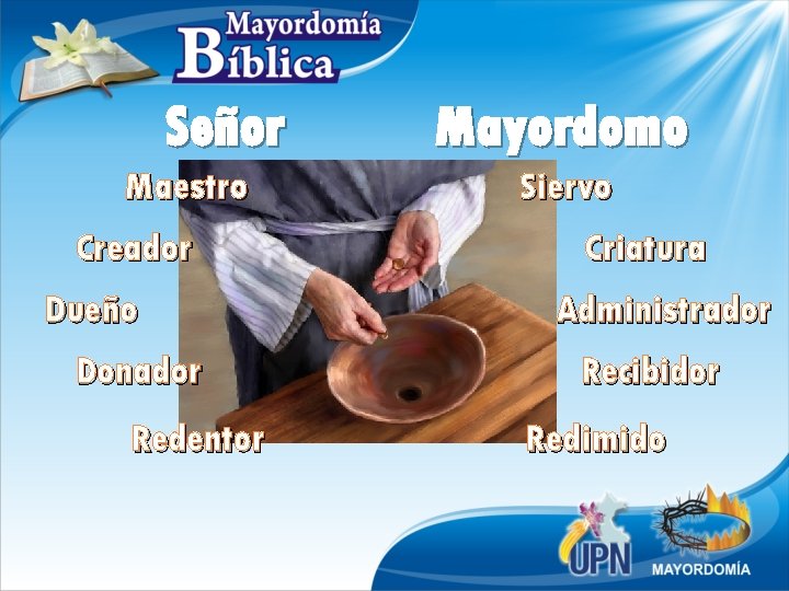 Señor Maestro Creador Dueño Donador Redentor Mayordomo Siervo Criatura Administrador Recibidor Redimido 