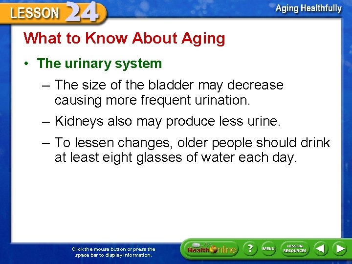 What to Know About Aging • The urinary system – The size of the
