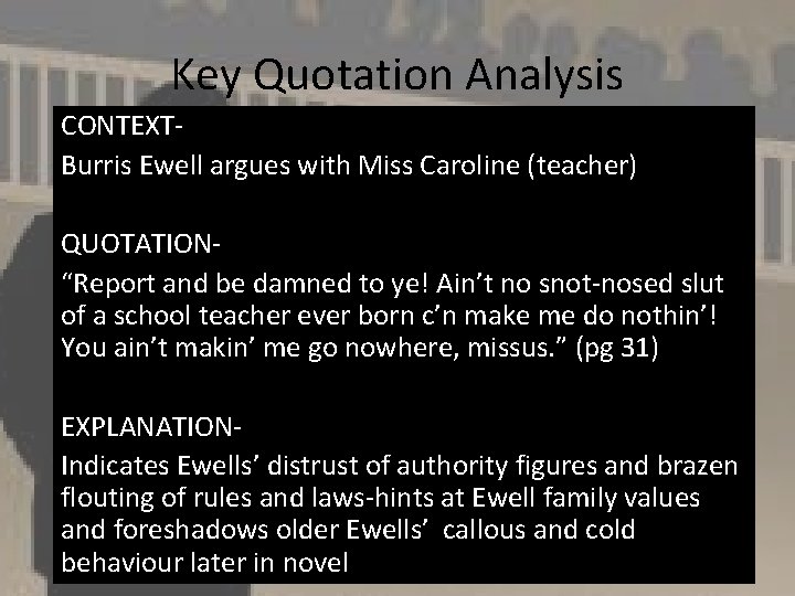 Key Quotation Analysis CONTEXTBurris Ewell argues with Miss Caroline (teacher) QUOTATION“Report and be damned