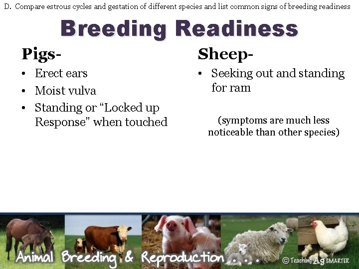 D. Compare estrous cycles and gestation of different species and list common signs of