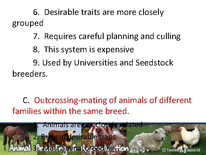 6. Desirable traits are more closely grouped 7. Requires careful planning and culling 8.