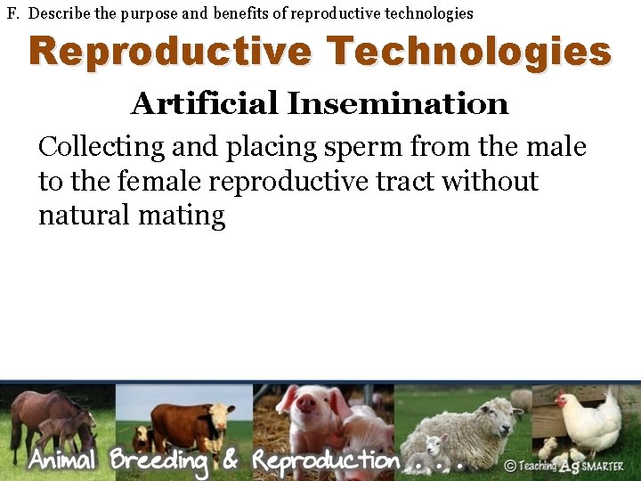 F. Describe the purpose and benefits of reproductive technologies Reproductive Technologies Artificial Insemination Collecting