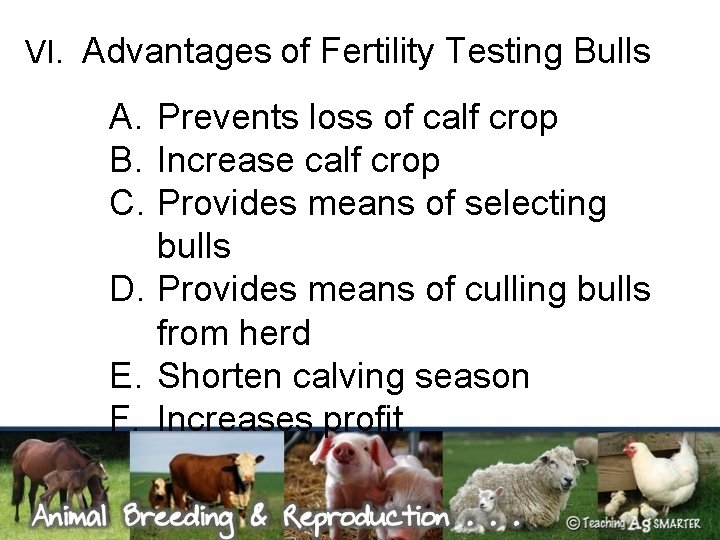VI. Advantages of Fertility Testing Bulls A. Prevents loss of calf crop B. Increase