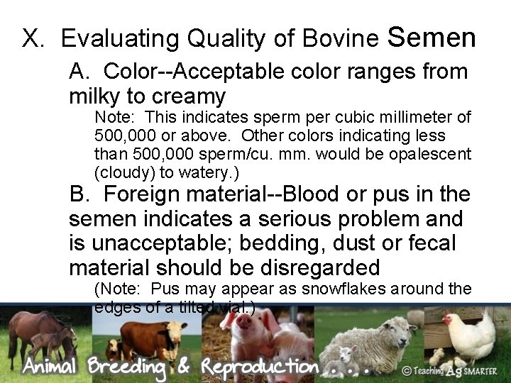 X. Evaluating Quality of Bovine Semen A. Color--Acceptable color ranges from milky to creamy