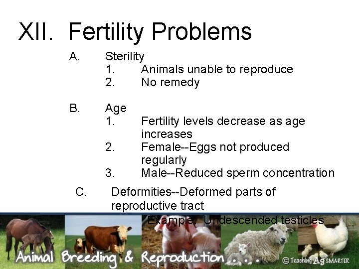 XII. Fertility Problems A. Sterility 1. Animals unable to reproduce 2. No remedy B.