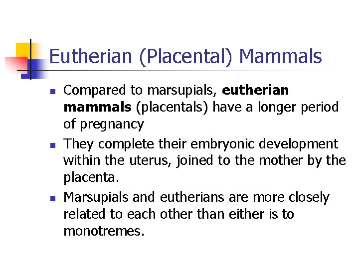 Eutherian (Placental) Mammals n n n Compared to marsupials, eutherian mammals (placentals) have a