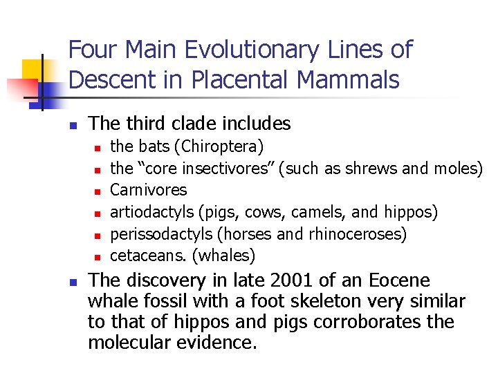 Four Main Evolutionary Lines of Descent in Placental Mammals n The third clade includes