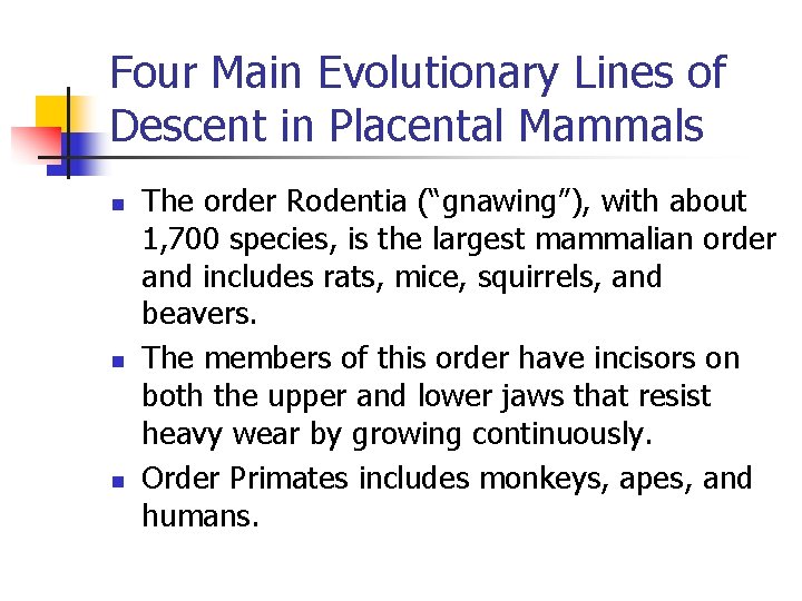 Four Main Evolutionary Lines of Descent in Placental Mammals n n n The order