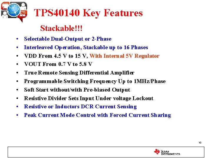 TPS 40140 Key Features Stackable!!! • • • Selectable Dual-Output or 2 -Phase Interleaved