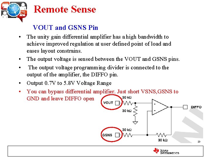 Remote Sense VOUT and GSNS Pin • The unity gain differential amplifier has a