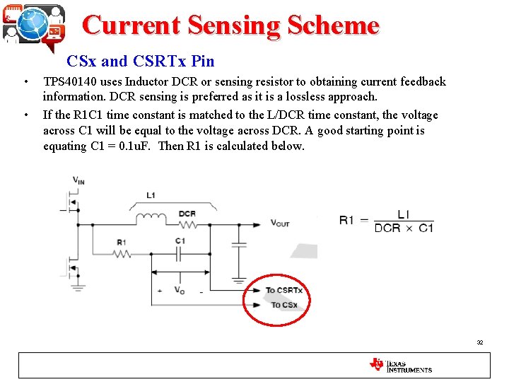 Current Sensing Scheme CSx and CSRTx Pin • • TPS 40140 uses Inductor DCR