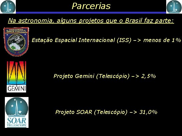 Parcerias Na astronomia, alguns projetos que o Brasil faz parte: Estação Espacial Internacional (ISS)