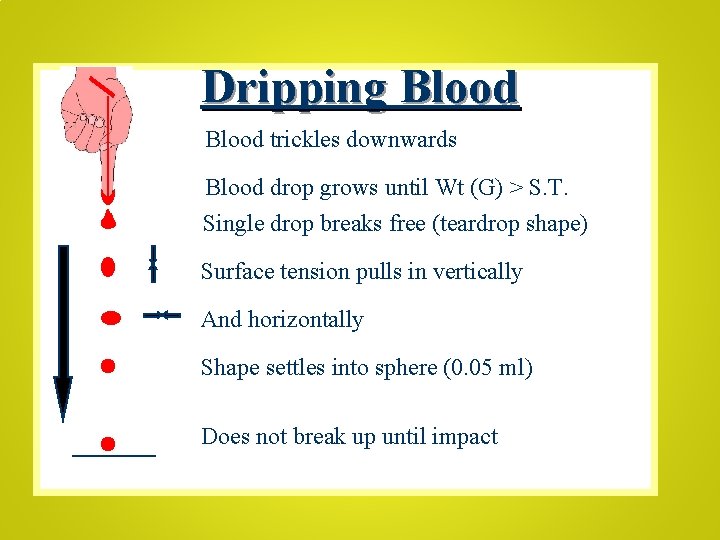 Dripping Blood trickles downwards Blood drop grows until Wt (G) > S. T. Single