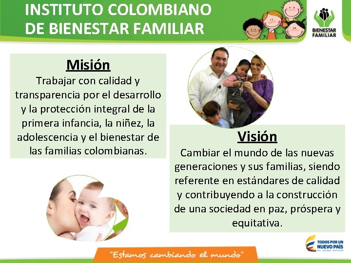 INSTITUTO COLOMBIANO DE BIENESTAR FAMILIAR Misión Trabajar con calidad y transparencia por el desarrollo