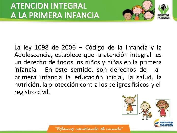 ATENCION INTEGRAL A LA PRIMERA INFANCIA La ley 1098 de 2006 – Código de