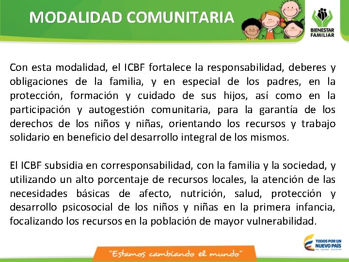 MODALIDAD COMUNITARIA Con esta modalidad, el ICBF fortalece la responsabilidad, deberes y obligaciones de