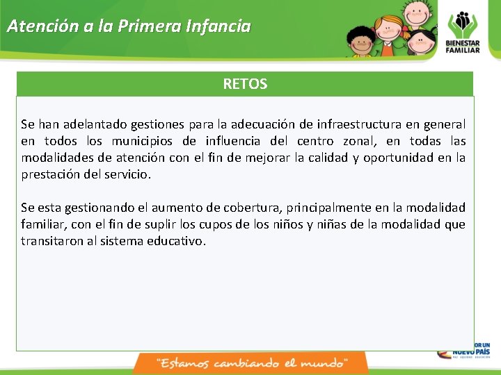 Atención a la Primera Infancia RETOS Se han adelantado gestiones para la adecuación de