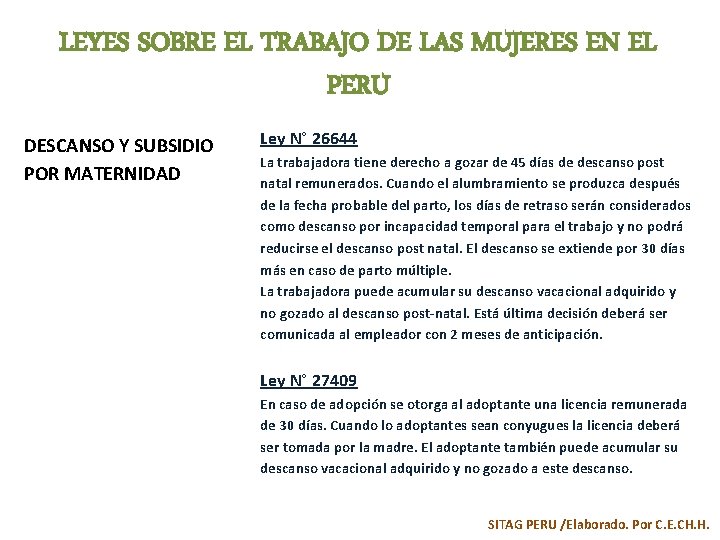 LEYES SOBRE EL TRABAJO DE LAS MUJERES EN EL PERU DESCANSO Y SUBSIDIO POR