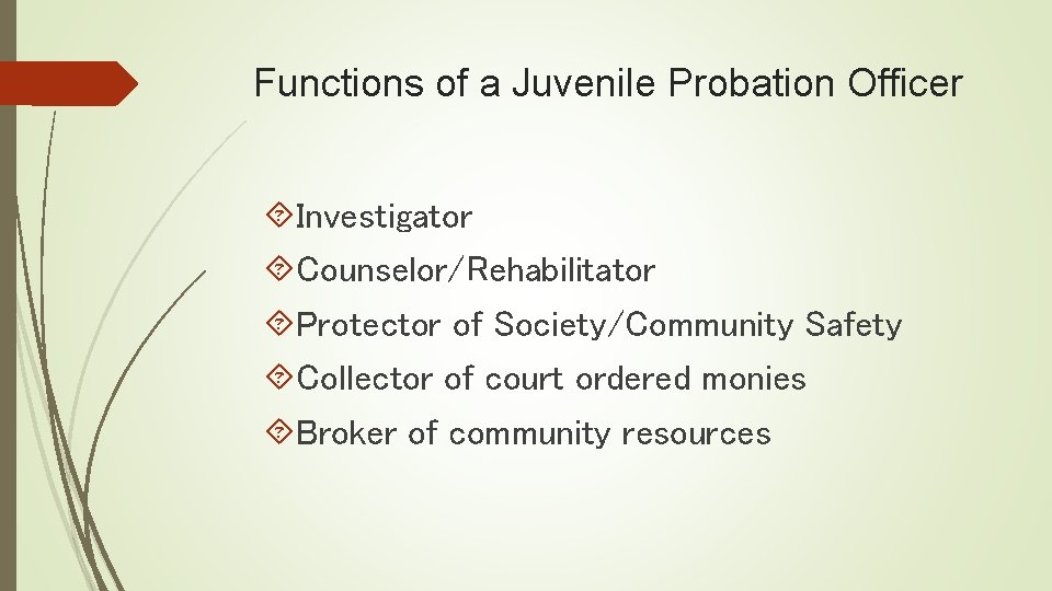Functions of a Juvenile Probation Officer Investigator Counselor/Rehabilitator Protector of Society/Community Safety Collector of