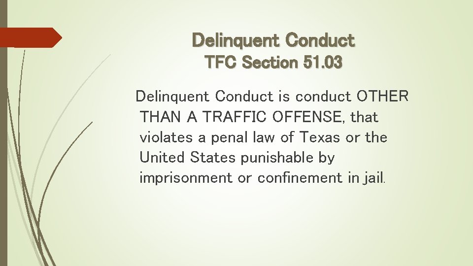 Delinquent Conduct TFC Section 51. 03 Delinquent Conduct is conduct OTHER THAN A TRAFFIC