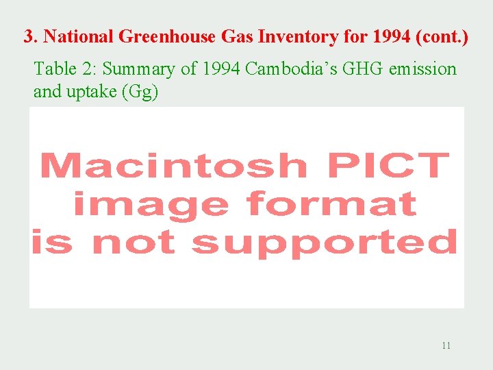 3. National Greenhouse Gas Inventory for 1994 (cont. ) Table 2: Summary of 1994