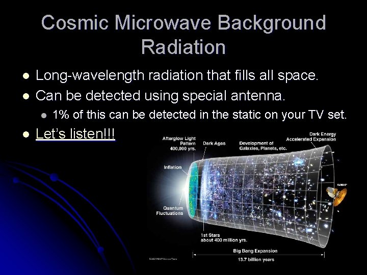 Cosmic Microwave Background Radiation l l Long-wavelength radiation that fills all space. Can be