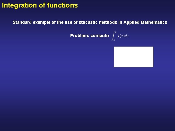 Integration of functions Standard example of the use of stocastic methods in Applied Mathematics