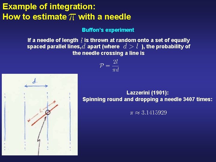 Example of integration: How to estimate with a needle Buffon’s experiment If a needle