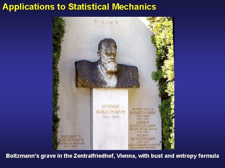Applications to Statistical Mechanics Boltzmann's grave in the Zentralfriedhof, Vienna, with bust and entropy