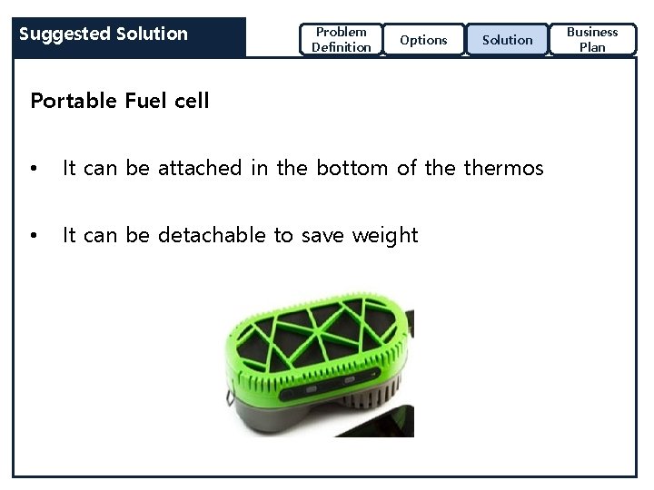 Suggested Solution Problem Definition Options Solution Portable Fuel cell • It can be attached
