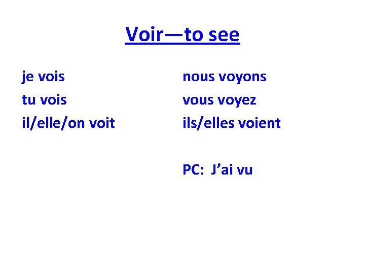 Voir—to see je vois tu vois il/elle/on voit nous voyons vous voyez ils/elles voient